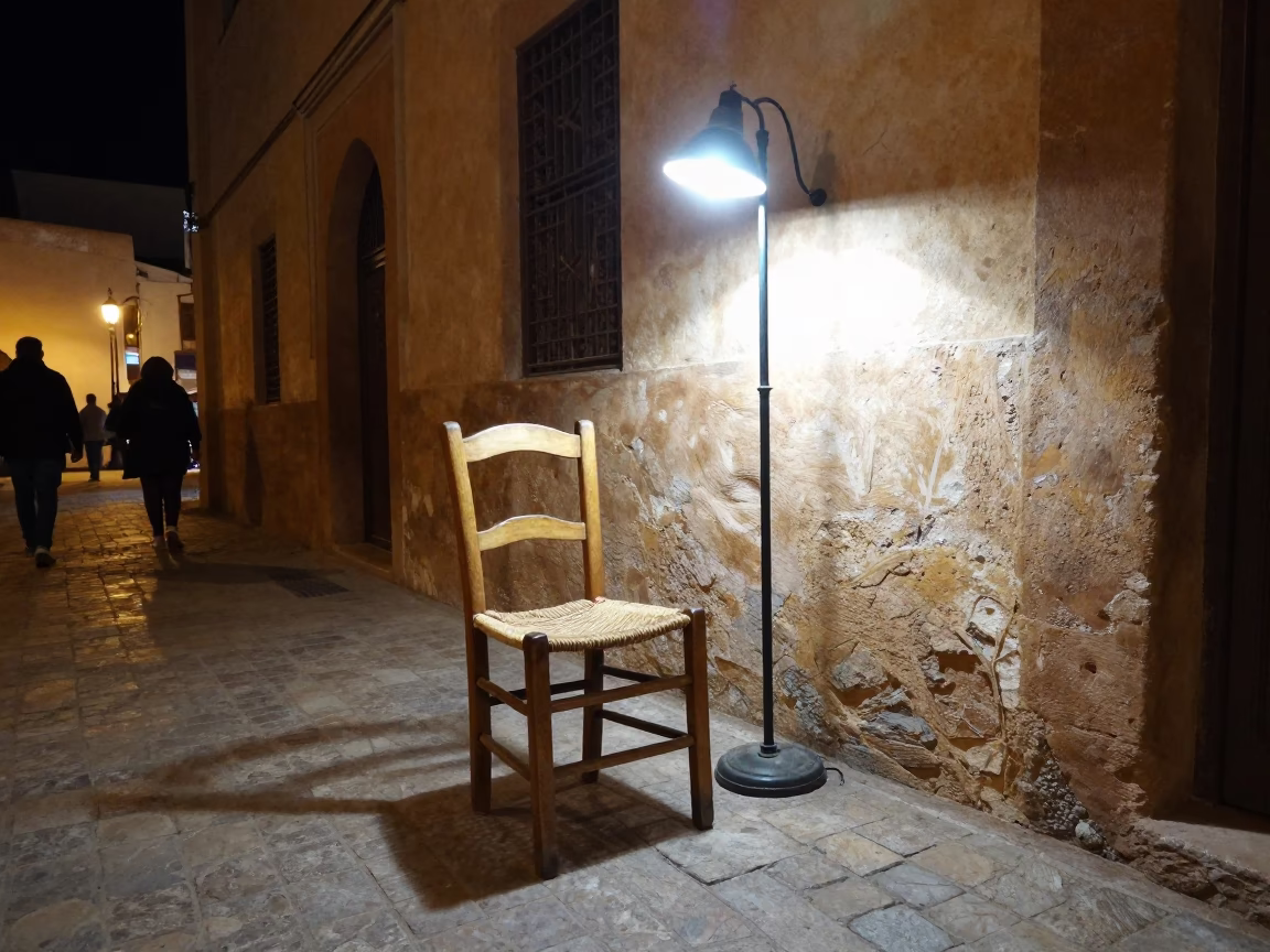 Late Night Casablanca Street Scene with Ladder Back Chair and Floor Lamp in in Casablanca, Morocco