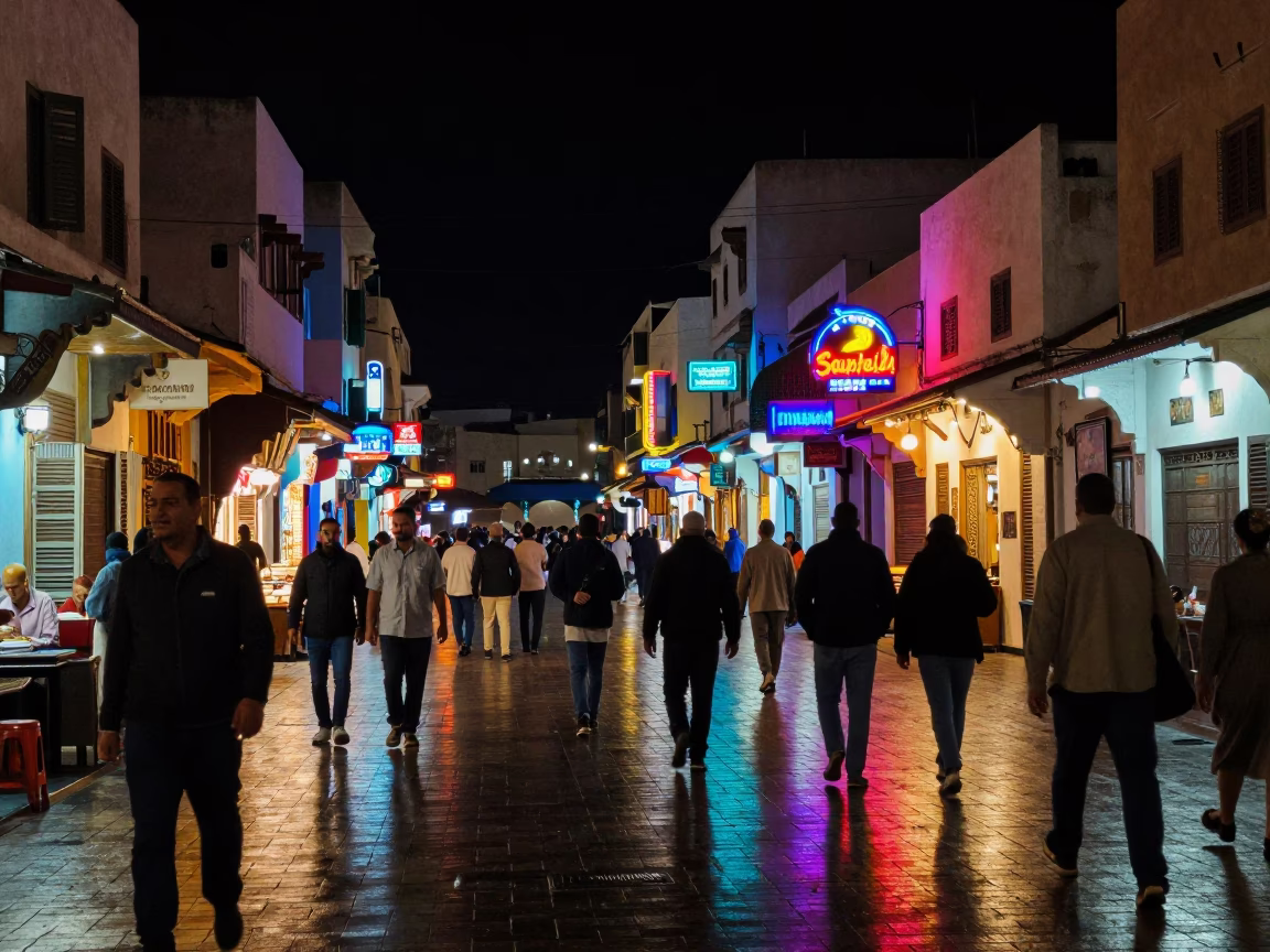 Late Night Casablanca Street Scene with Neon Lights and Busy Pedestrians in in Casablanca, Morocco