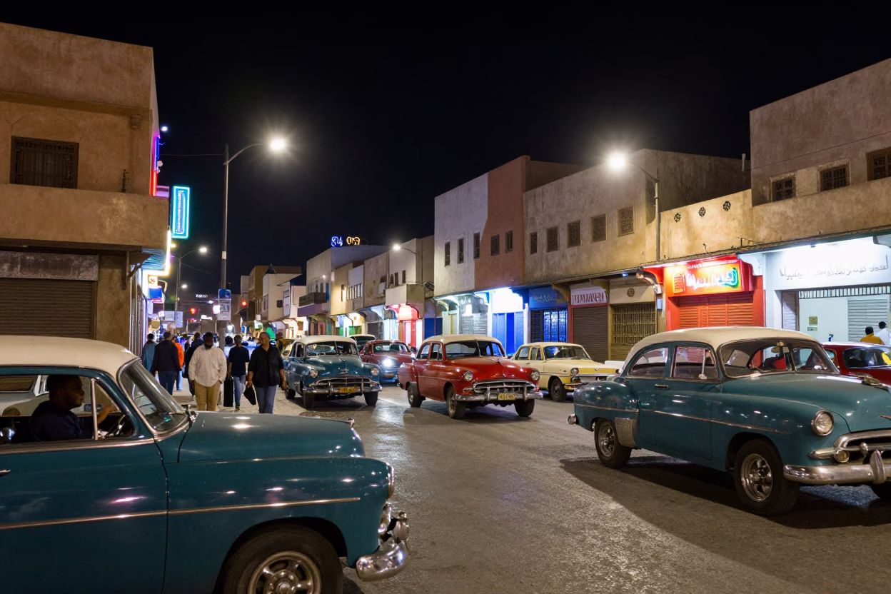 Late Night Casablanca Street Scene with Neon Lights and Busy Traffic in in Casablanca, Morocco