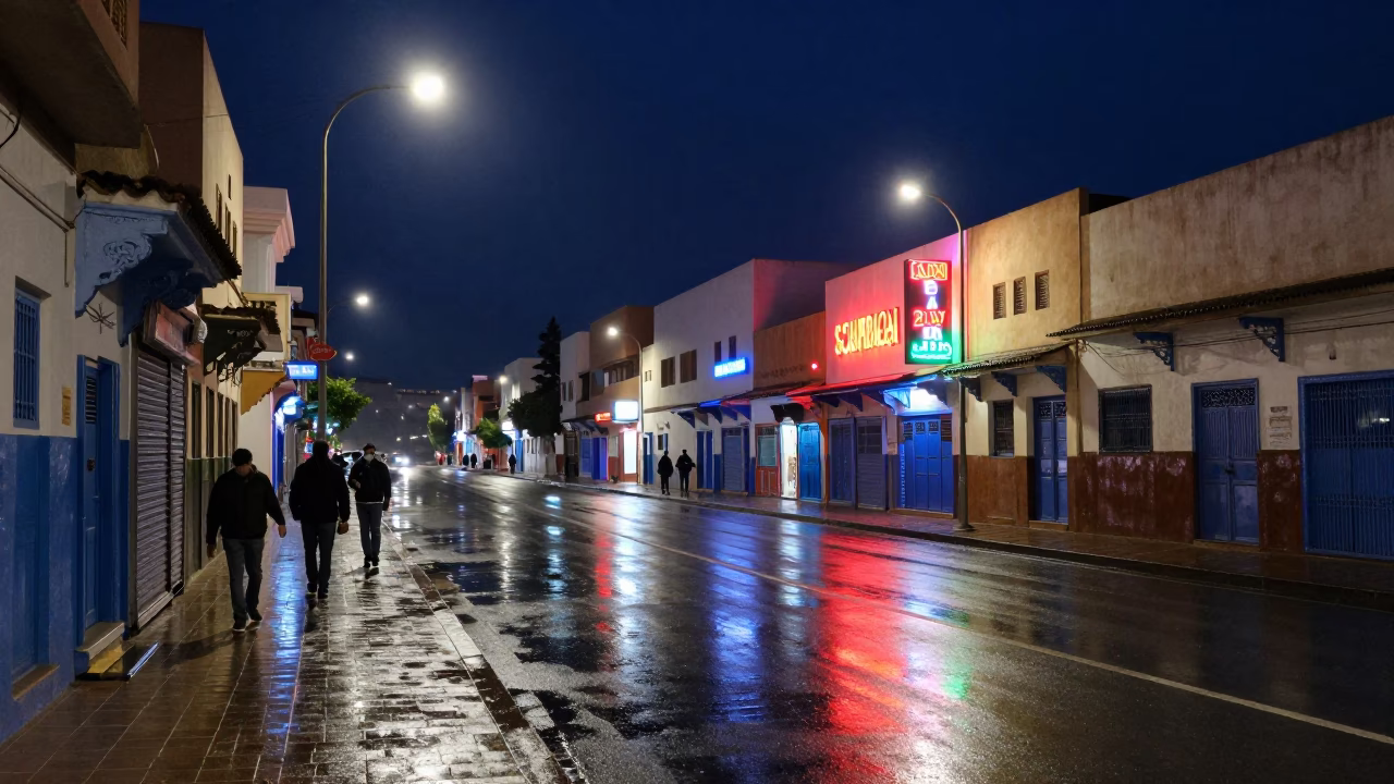 Late Night Casablanca Street Scene with Neon Reflections and Local Life in in Casablanca, Morocco