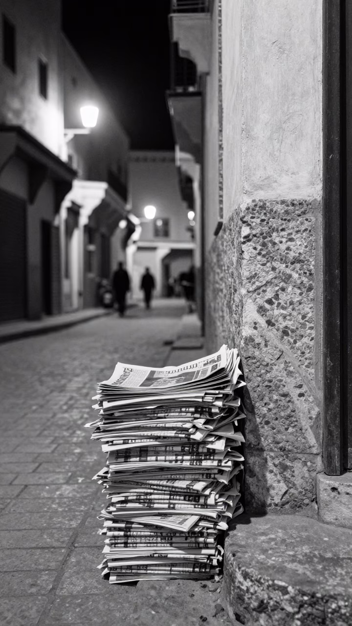 Late Night Casablanca Street Scene with Newspaper Stack and Rattan Chair in in Casablanca, Morocco