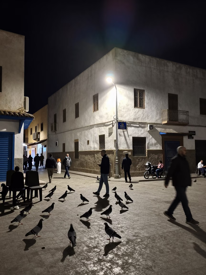 Late Night Casablanca Street Scene with Pigeons and Urban Activity in in Casablanca, Morocco