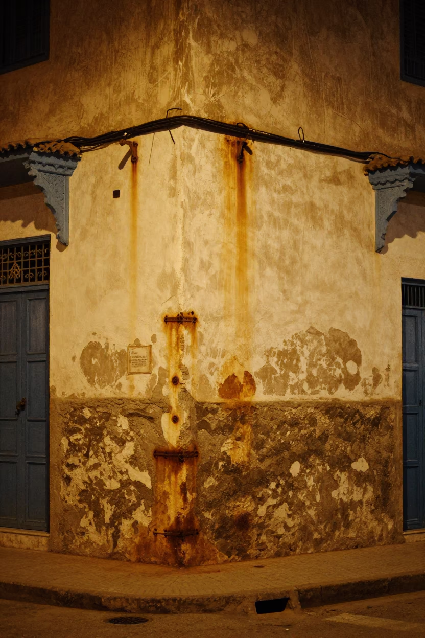 Late Night Casablanca Street Scene with Rust and Faded Walls in in Casablanca, Morocco