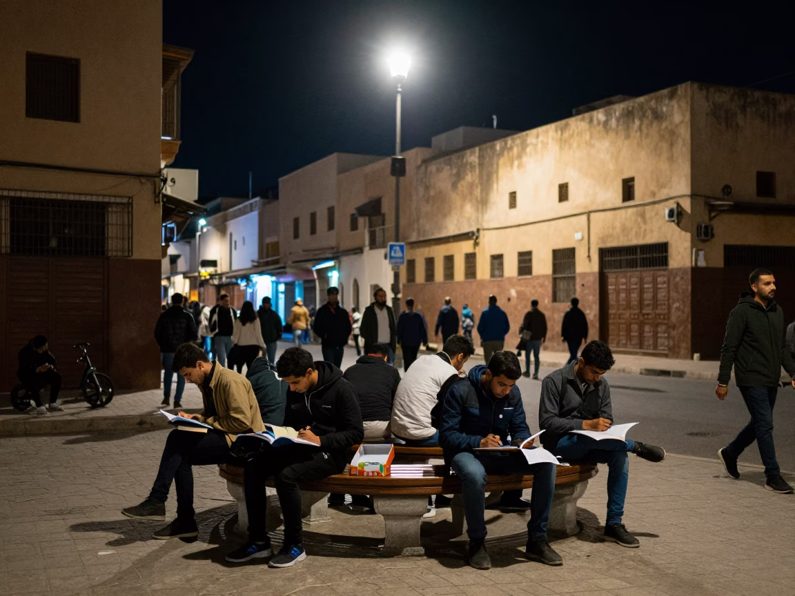 Late Night Casablanca Street Scene with Students Studying and Urban Details in in Casablanca, Morocco