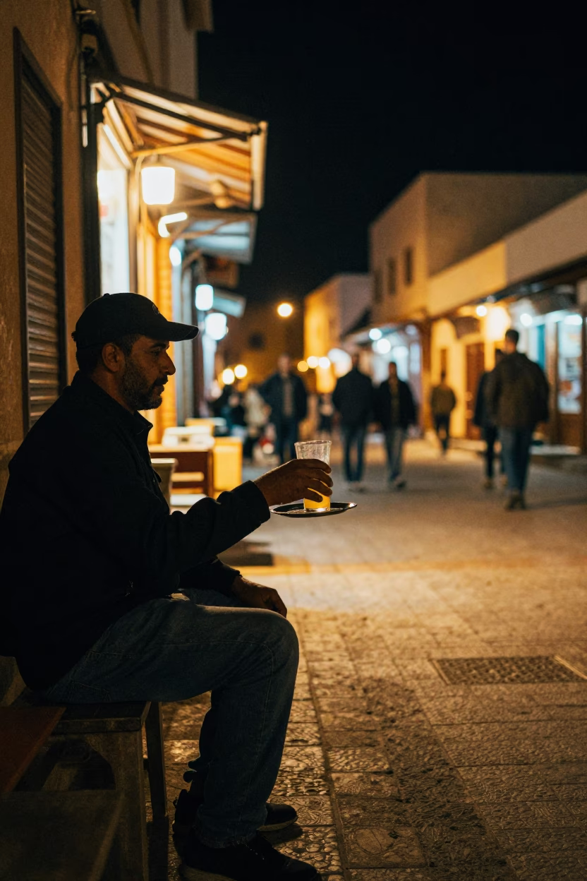Late Night Casablanca Street Scene with Sugarcane Juice and Urban Life in in Casablanca, Morocco