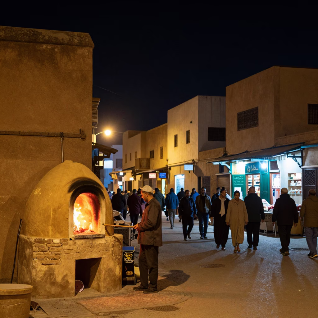 Late Night Casablanca Street Scene with Traditional Clay Oven and Fresh Naan in in Casablanca, Morocco