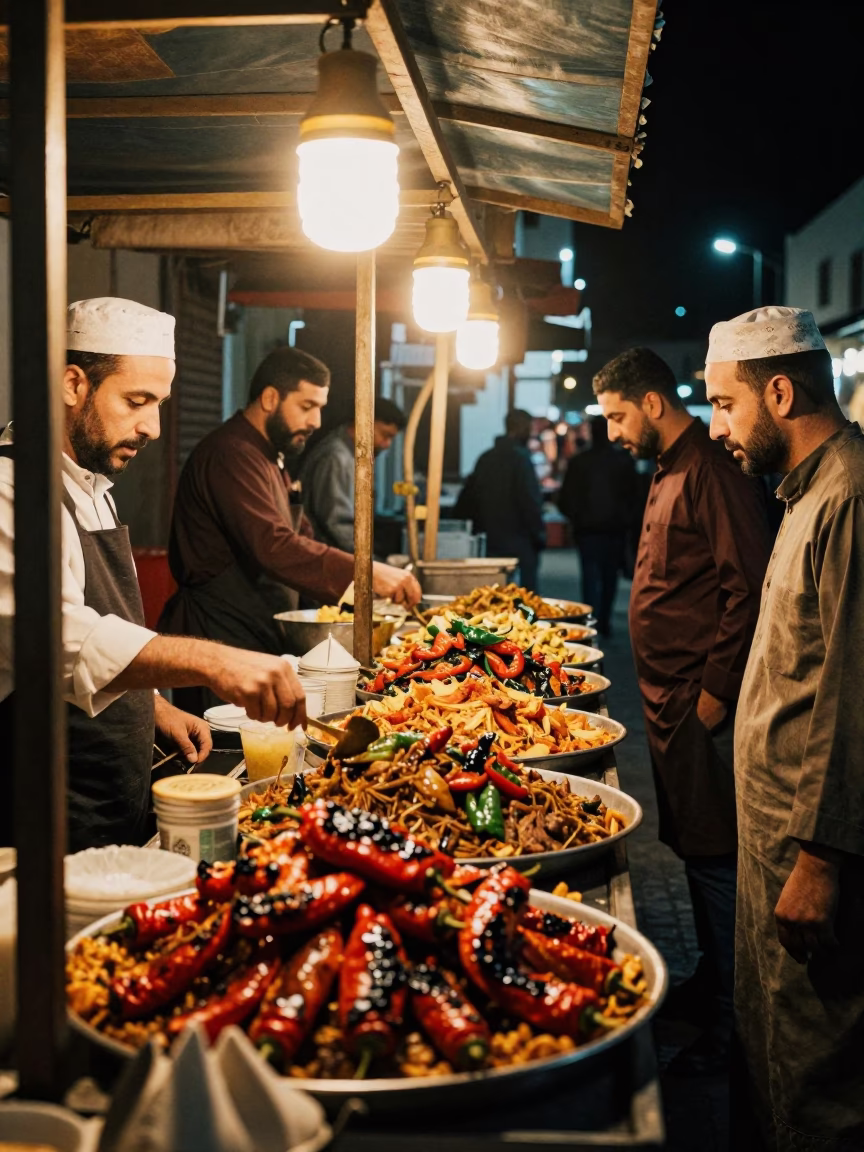 Late Night Casablanca Street Scene with Traditional Food and Local Ambiance in in Casablanca, Morocco