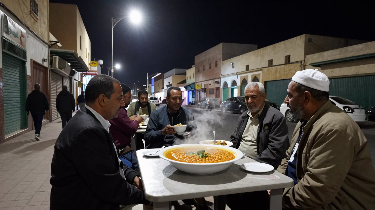 Late Night Casablanca Street Scene with Traditional Moroccan Food and Local Life in in Casablanca, Morocco