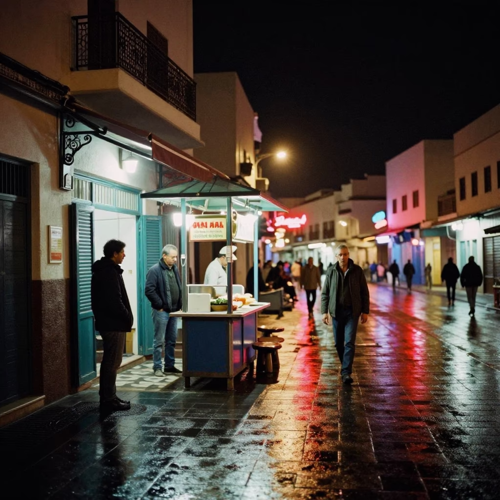 Late Night Casablanca Street Scene with Valet Stand and Hotel Awning Reflections in in Casablanca, Morocco