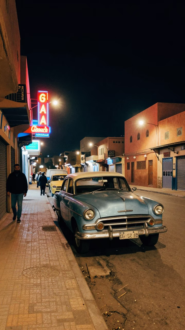 Late Night Casablanca Street Scene with Vintage Car and Neon Signs in in Casablanca, Morocco