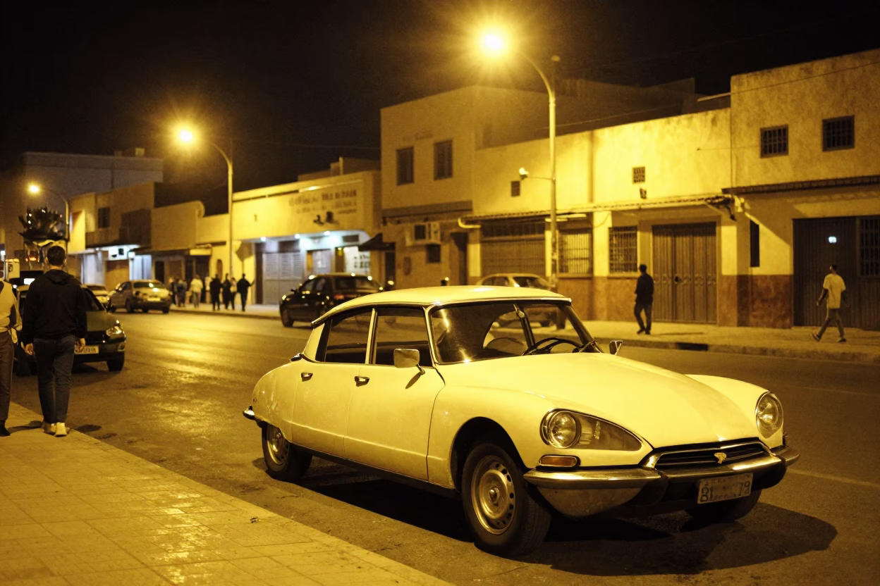 Late Night Casablanca Street Scene with Vintage Car and Street Vendor in in Casablanca, Morocco
