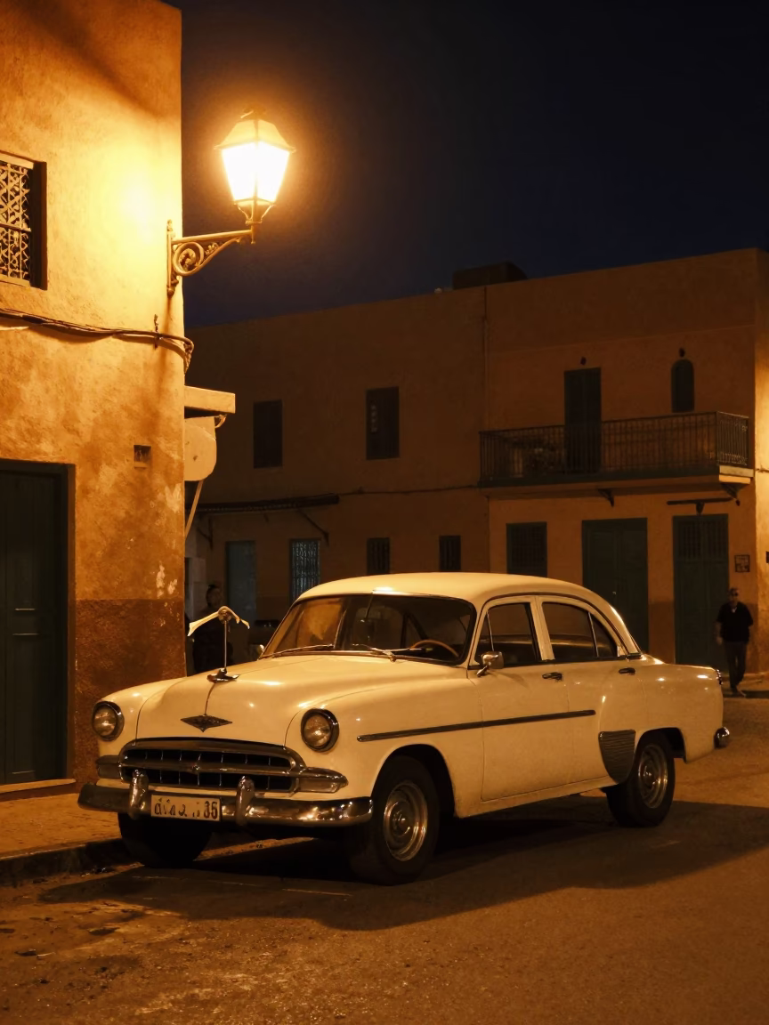 Late Night Casablanca Street Scene with Vintage Car and Streetlight Illumination in in Casablanca, Morocco