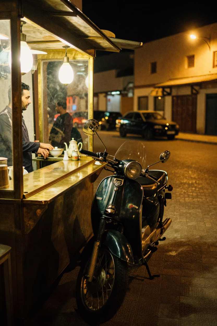 Late Night Casablanca Street Scene with Vintage Motorcycle and Brass Details in in Casablanca, Morocco