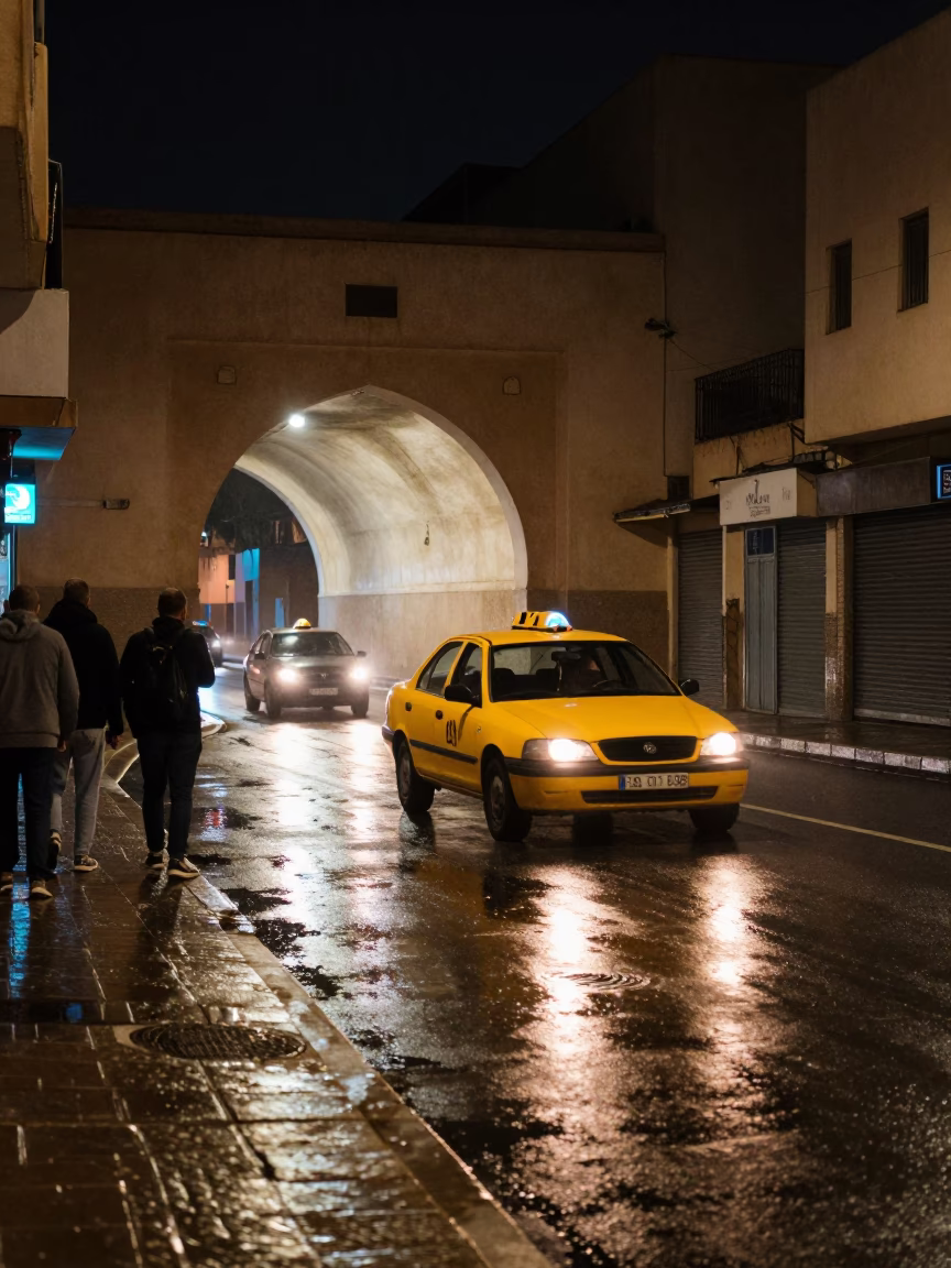 Late Night Casablanca Street Scene with Yellow Taxi and Sodium Lights in in Casablanca, Morocco