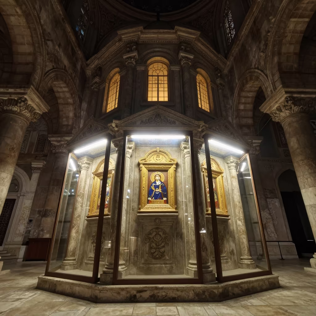Late Night Cathedral Ambulatory with Relic Chapels in in a chapel lit by stained glass in Alanya