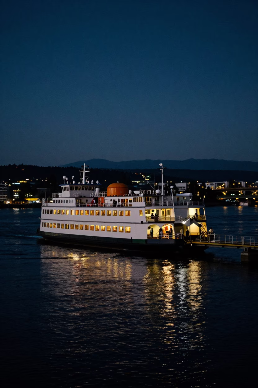 Late Night Chain Ferry Crossing Willamette River in Portland Oregon 1990s Realistic Photography in in Portland, Oregon, United States