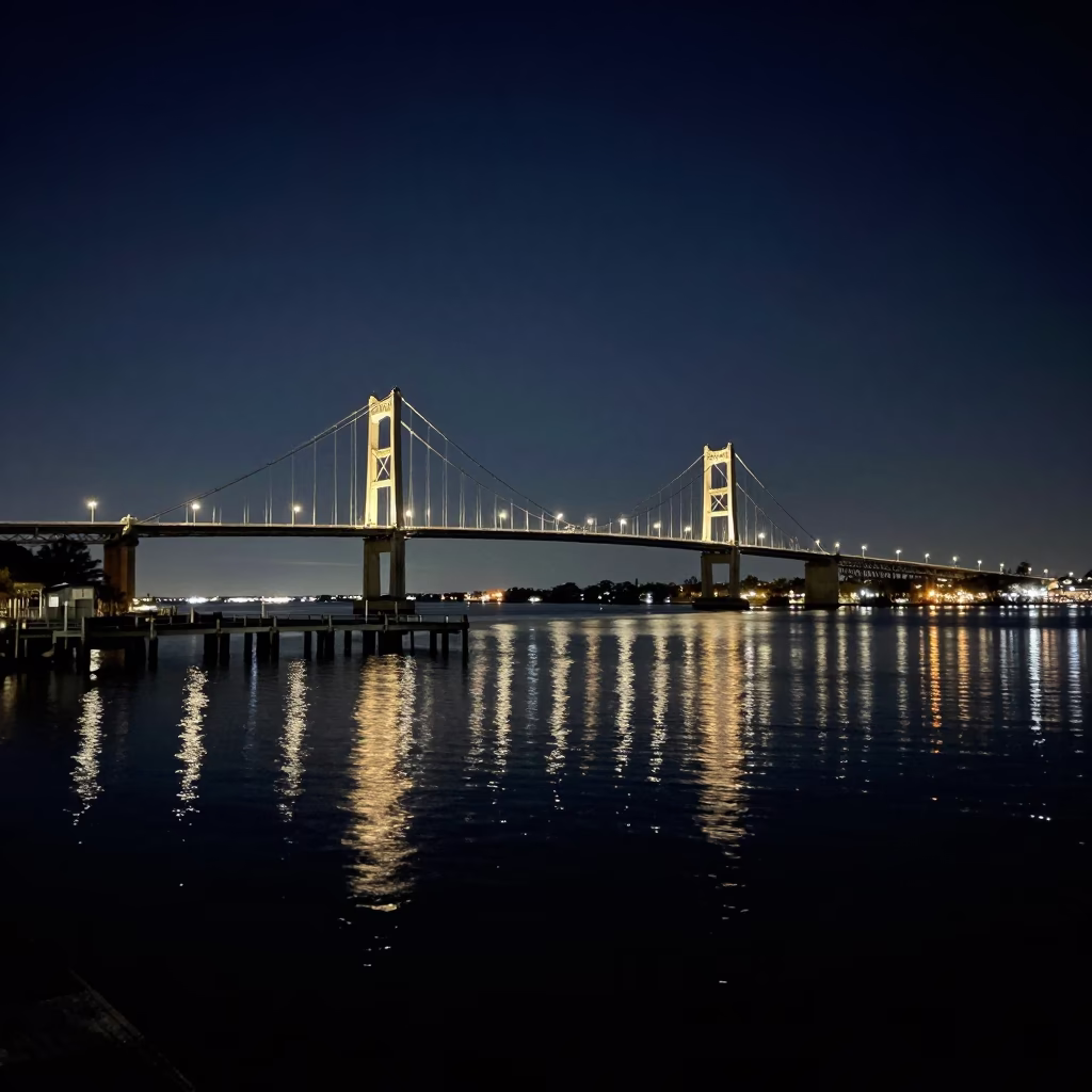 Late Night Charleston Harbor Drawbridge Reflections and Harbor Water in in Charleston, South Carolina, United States