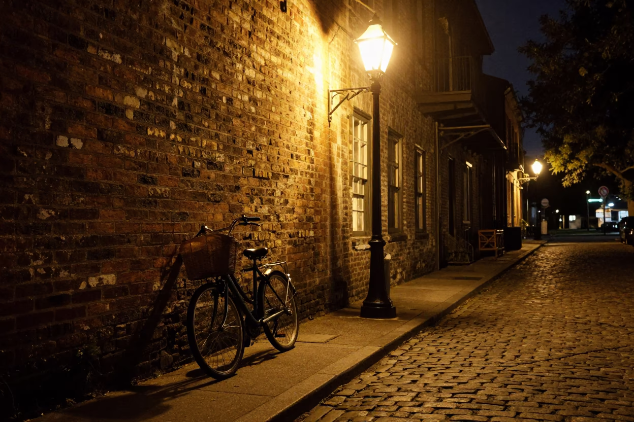 Late Night Charleston Street Scene with Bicycle Basket and Brushed Steel Details in in Charleston, South Carolina, United States