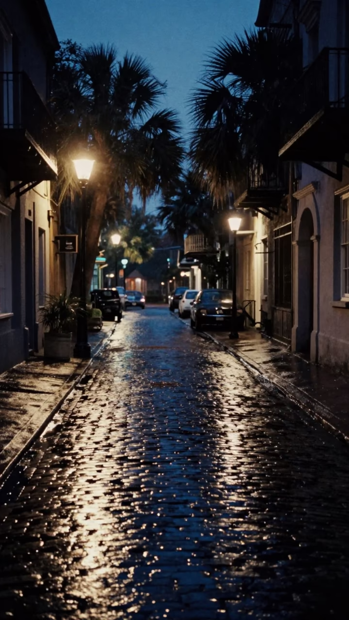 Late Night Charleston Street Scene with Blue and White Porcelain Details in in Charleston, South Carolina, United States