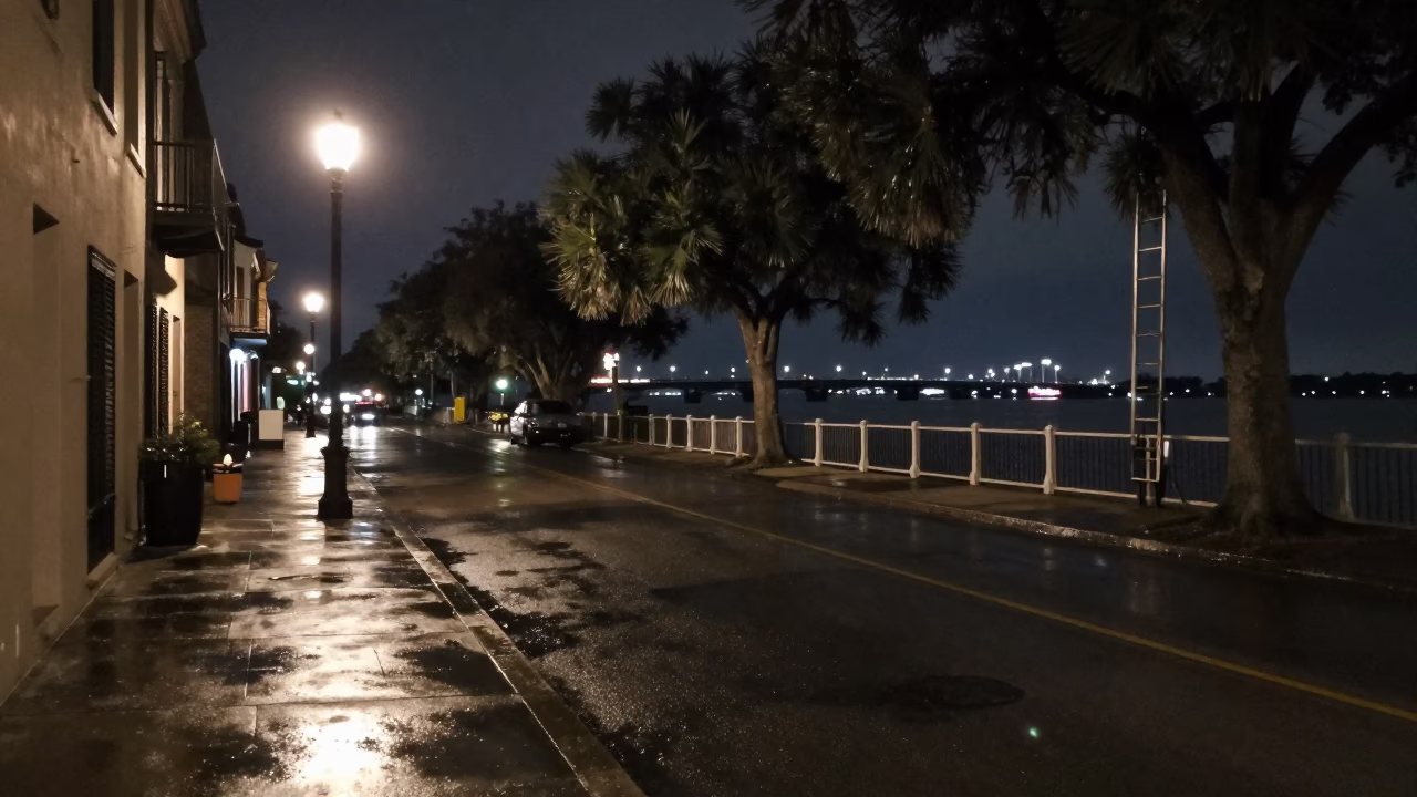 Late Night Charleston Street Scene with Bridge Pier Ladder and Estuary Water Reflections in in Charleston, South Carolina, United States