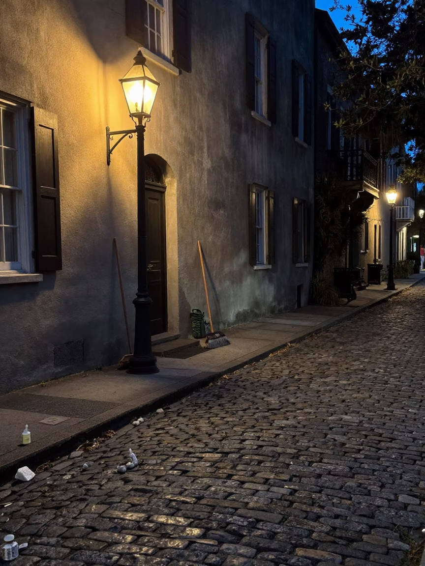 Late Night Charleston Street Scene with Broom and Soap Streaks on Historic Brick Wall in in Charleston, South Carolina, United States