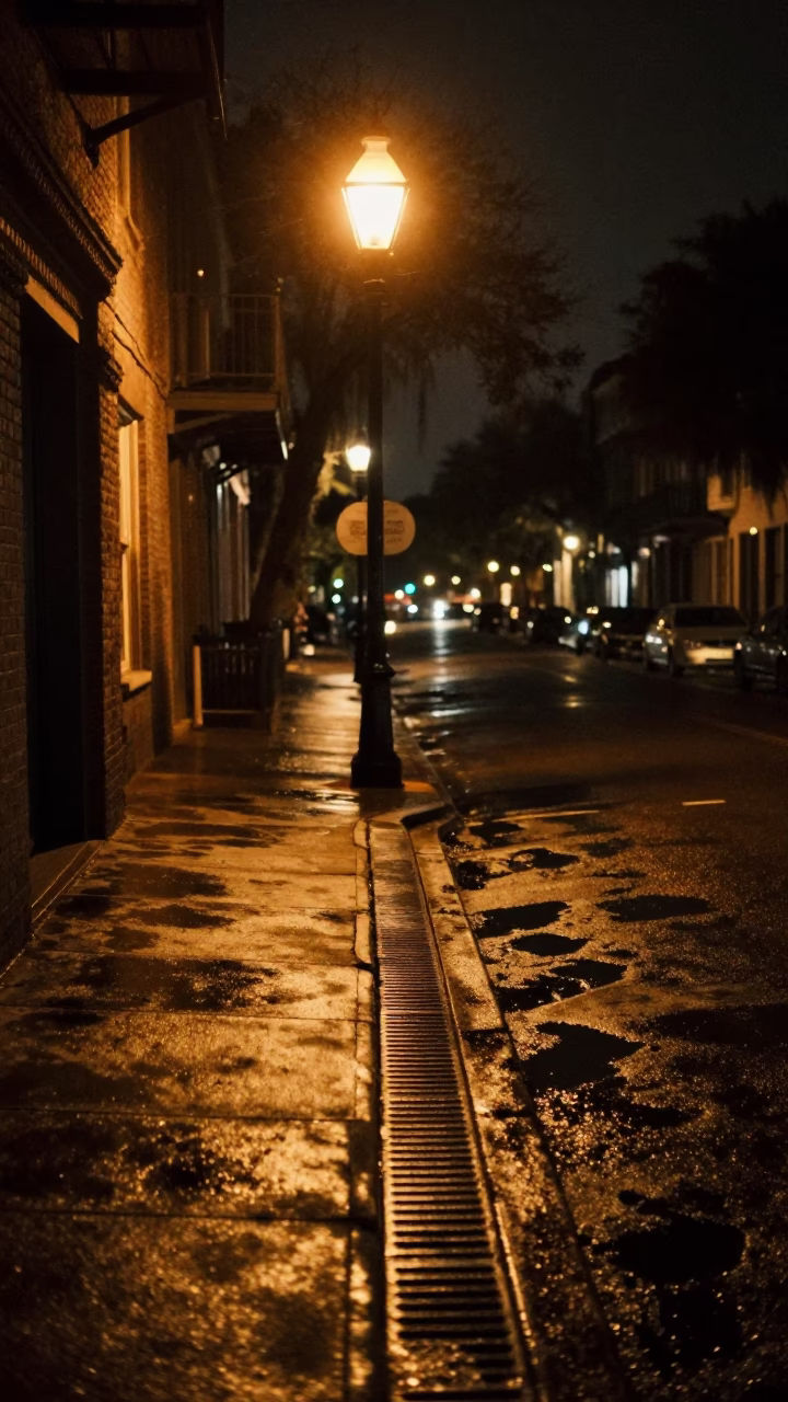 Late Night Charleston Street Scene with Brushed Steel Drain and Quiet Urban Atmosphere in in Charleston, South Carolina, United States