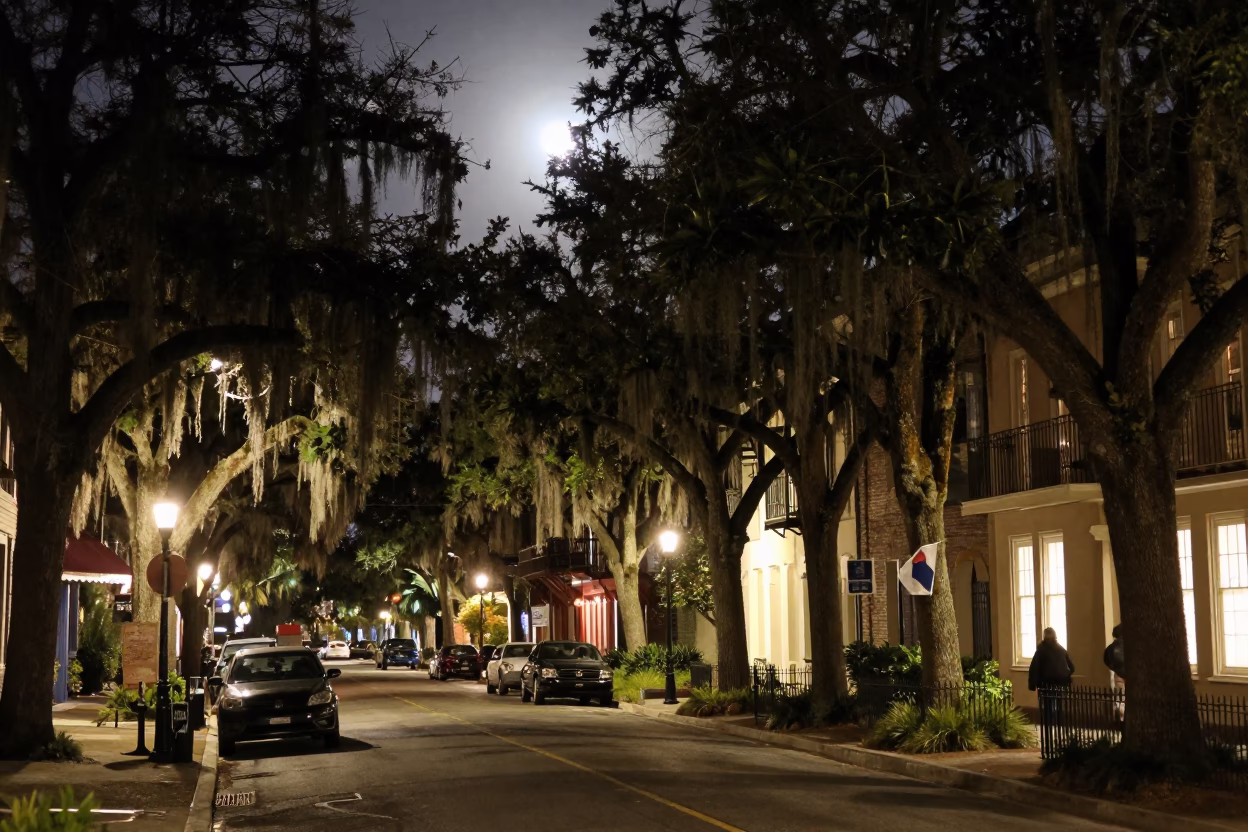 Late Night Charleston Street Scene with Cypress Trees and Urban Night Life in in Charleston, South Carolina, United States
