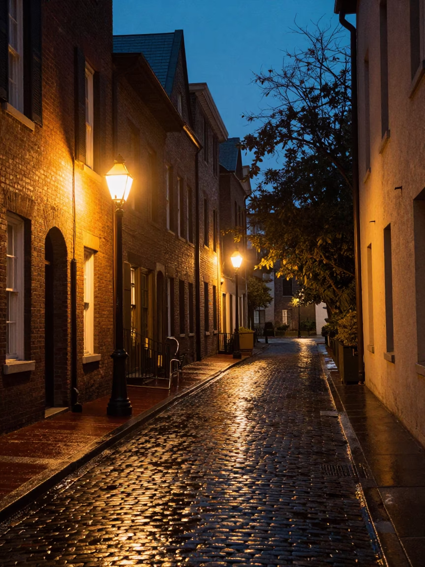 Late Night Charleston Street Scene with Historic Architecture and Rain in in Charleston, South Carolina, United States