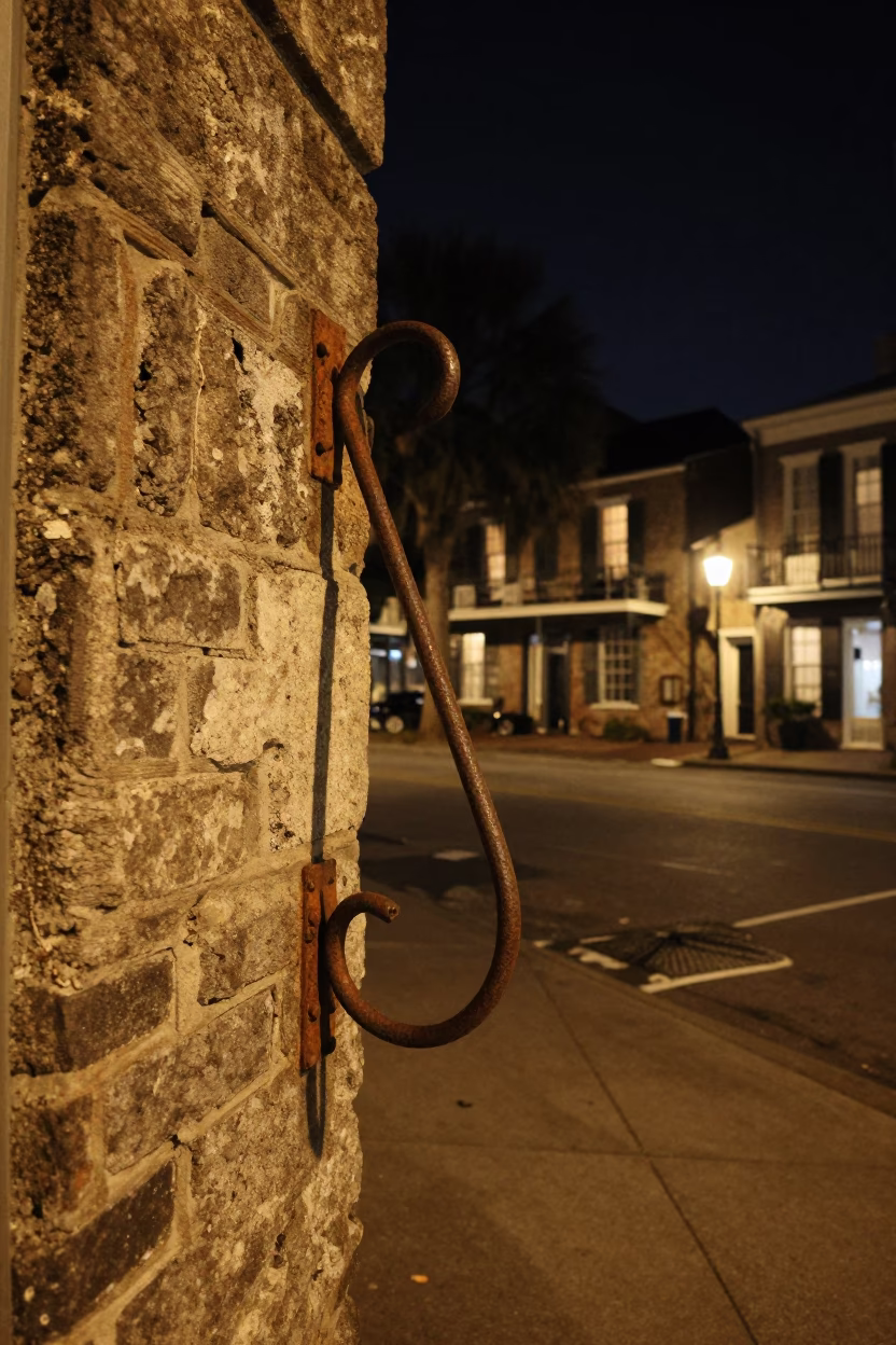 Late Night Charleston Street Scene with Historic Architecture and Urban Details in in Charleston, South Carolina, United States