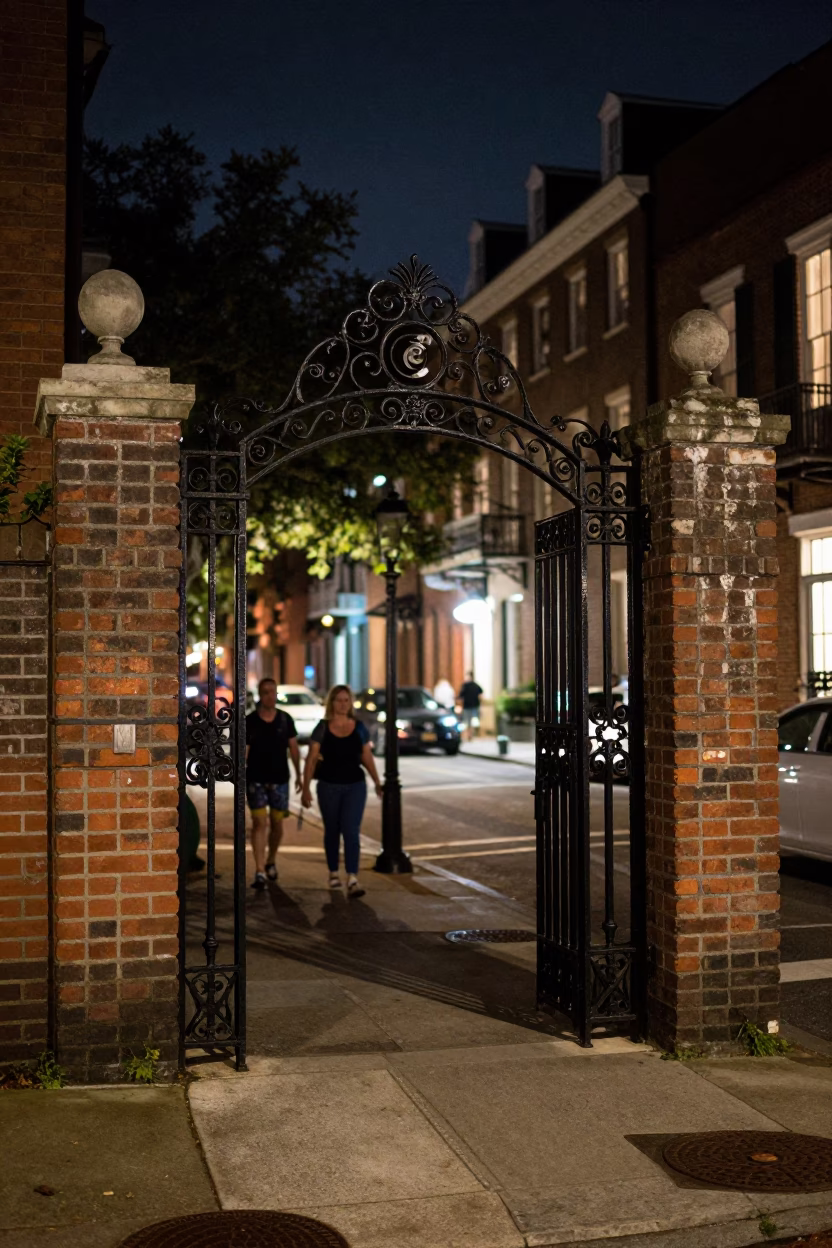 Late Night Charleston Street Scene with Historic Iron Gate and Local Interaction in in Charleston, South Carolina, United States