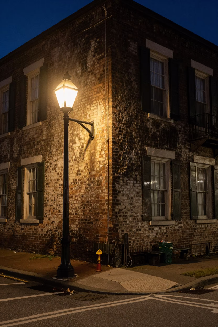 Late Night Charleston Street Scene with Iron Hook and Plant Pot in Historic District in in Charleston, South Carolina, United States