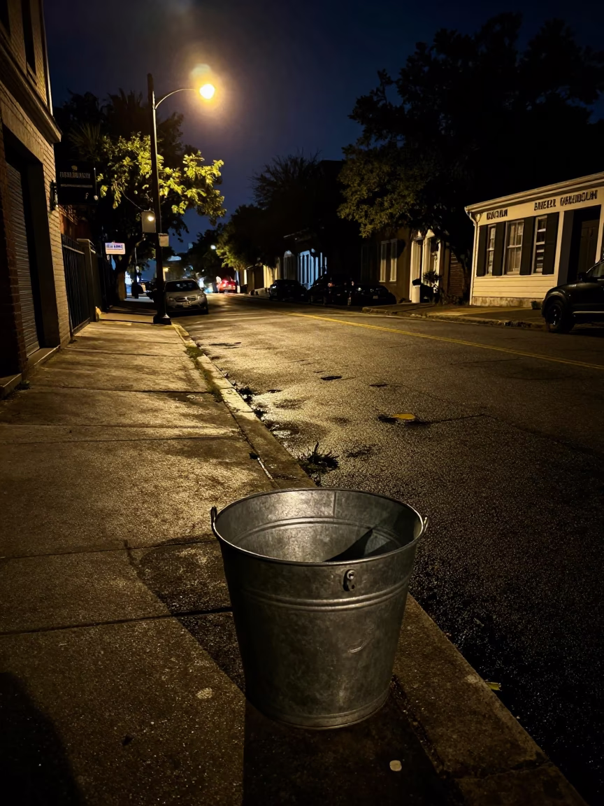 Late Night Charleston Street Scene with Metal Bucket and Broom Outside Historic Building in in Charleston, South Carolina, United States