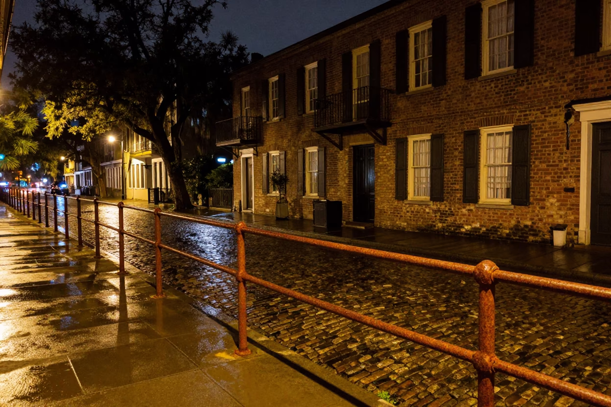 Late Night Charleston Street Scene with Rusty Railings and Magnolia Trees in in Charleston, South Carolina, United States
