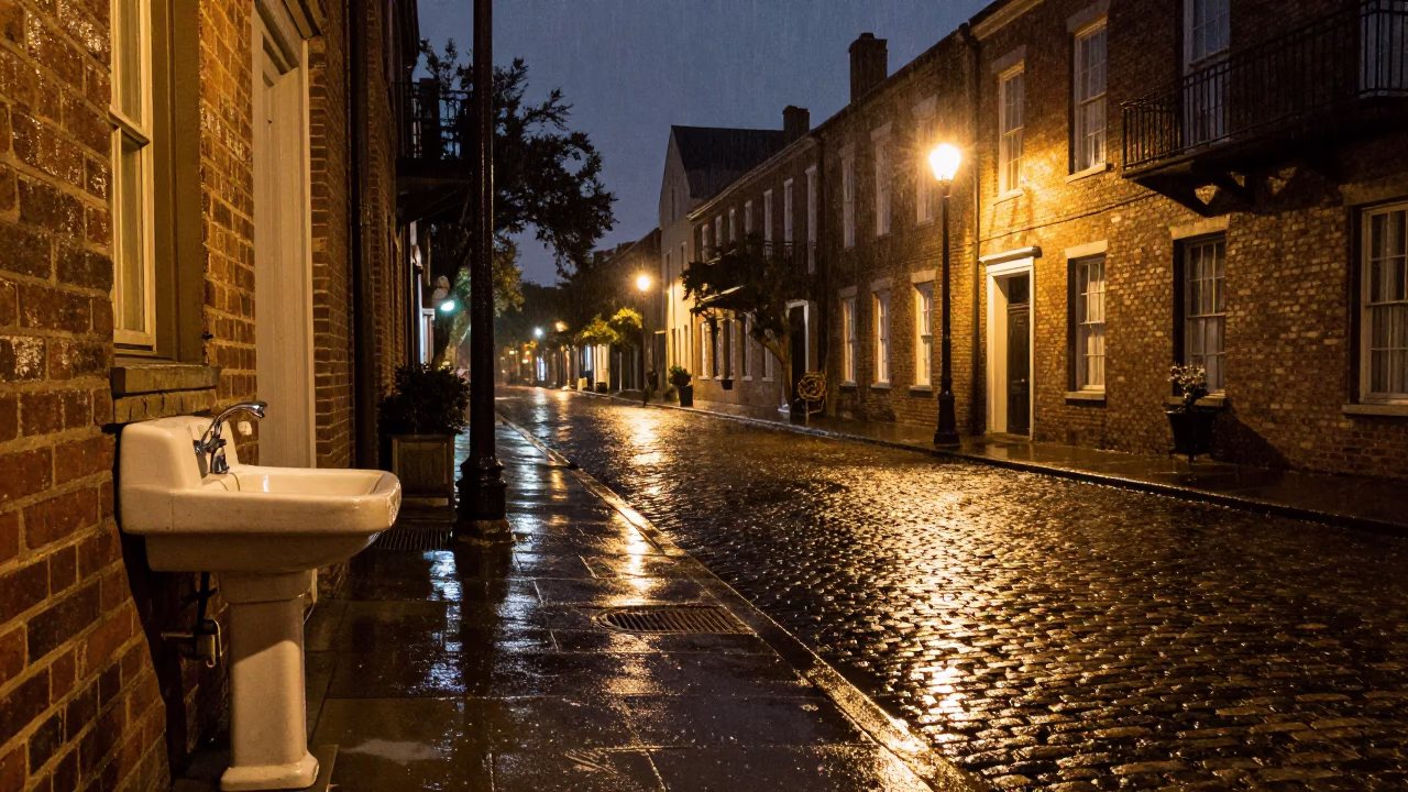 Late Night Charleston Street Scene with Sink and Drain Details in in Charleston, South Carolina, United States