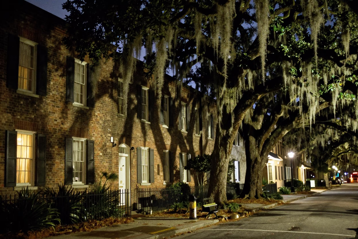 Late Night Charleston Street Scene with Spanish Moss and Historic Architecture in in Charleston, South Carolina, United States