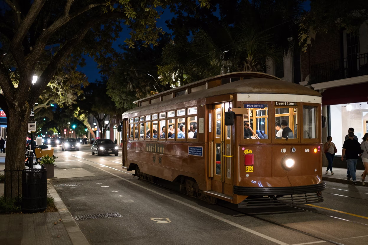 Late Night Charleston Street Scene with Tramcar and Urban Details in in Charleston, South Carolina, United States