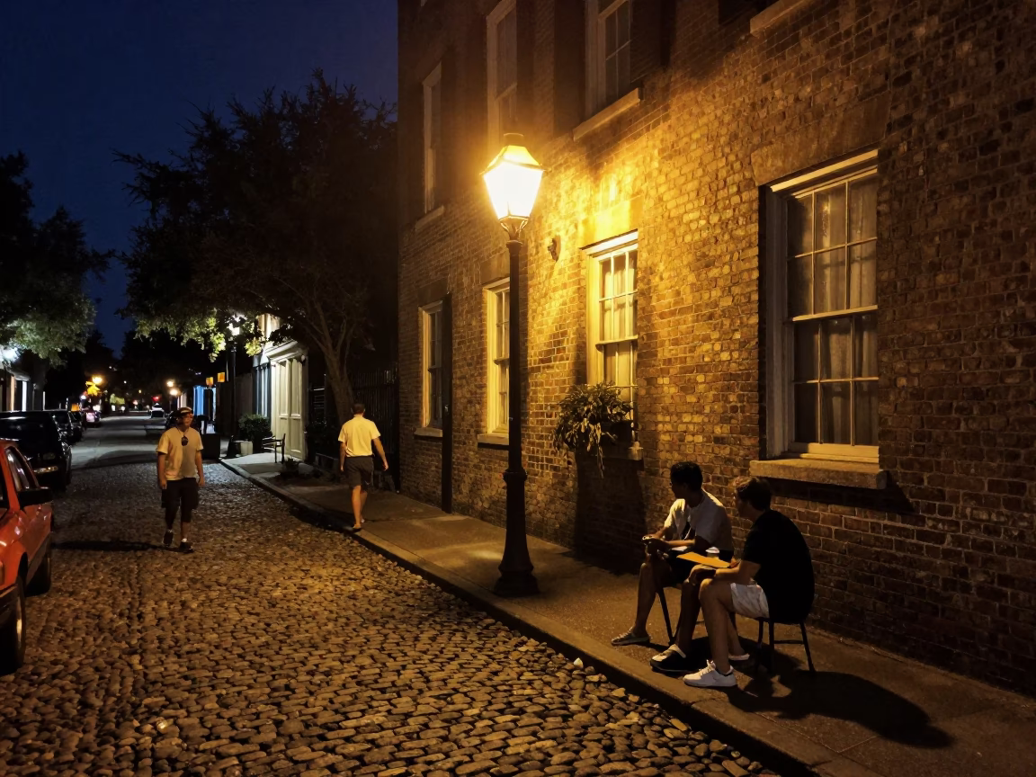 Late Night Charleston Street Scene with Vintage 1990s Aesthetic and Urban Details in in Charleston, South Carolina, United States