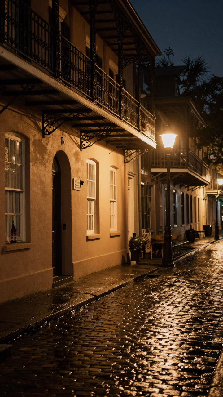 Late Night Charleston Street Scene with Vintage Bottle and Dimly Lit Cobblestone Alley in in Charleston, South Carolina, United States