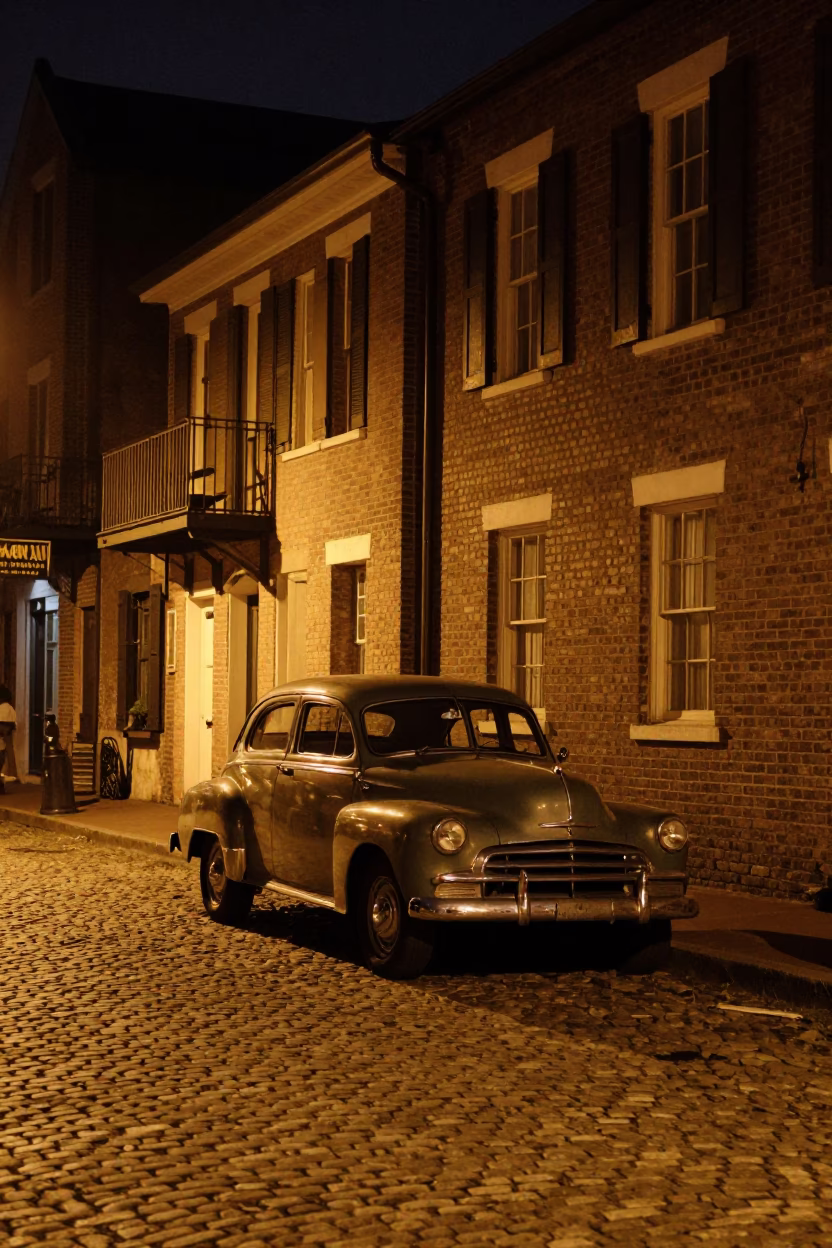 Late Night Charleston Street Scene with Vintage Car and Door Wreaths in in Charleston, South Carolina, United States
