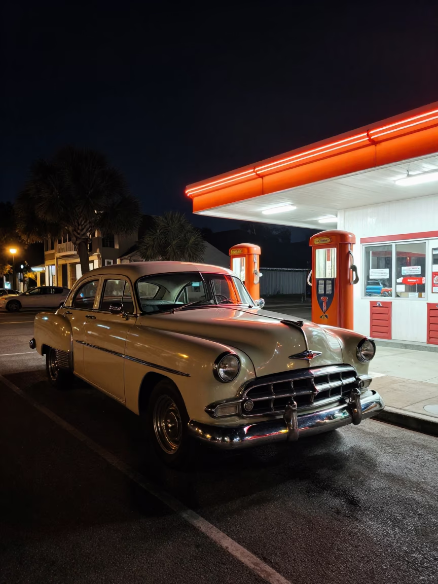 Late Night Charleston Street Scene with Vintage Car and Gas Station in in Charleston, South Carolina, United States