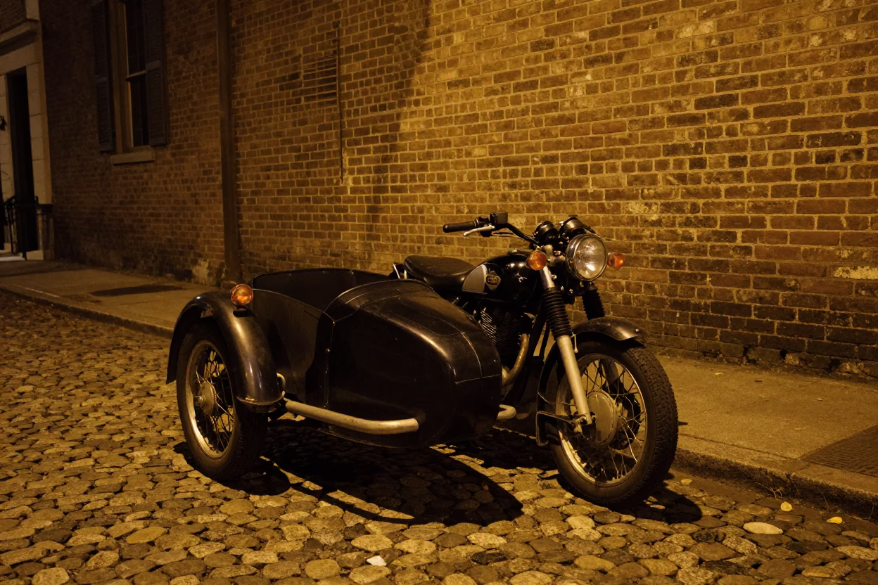 Late Night Charleston Street Scene with Vintage Motorcycle and Brass Details in in Charleston, South Carolina, United States