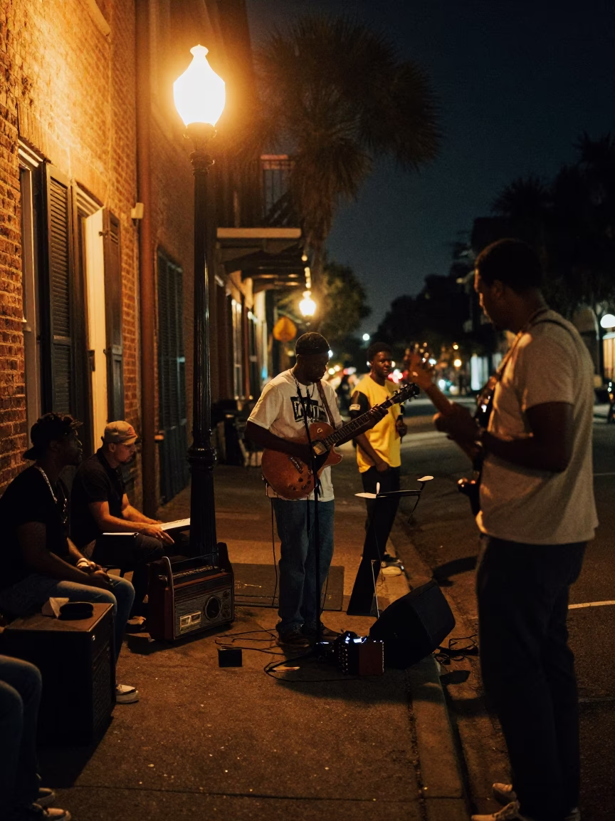 Late Night Charleston Street Scene with Vintage Radio and Bar Stools in in Charleston, South Carolina, United States