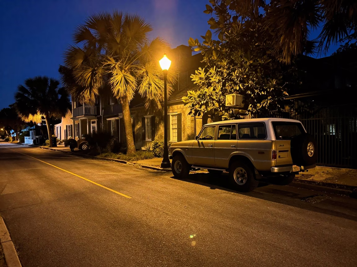 Late Night Charleston Street Scene with Vintage SUV and Twine Fibers in in Charleston, South Carolina, United States