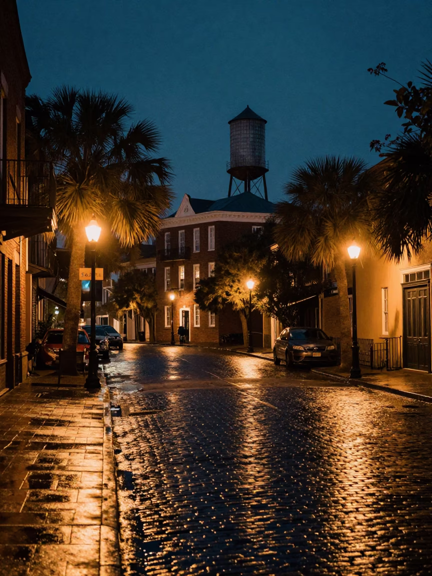 Late Night Charleston Street Scene with Water Tower and Drawbridge in in Charleston, South Carolina, United States