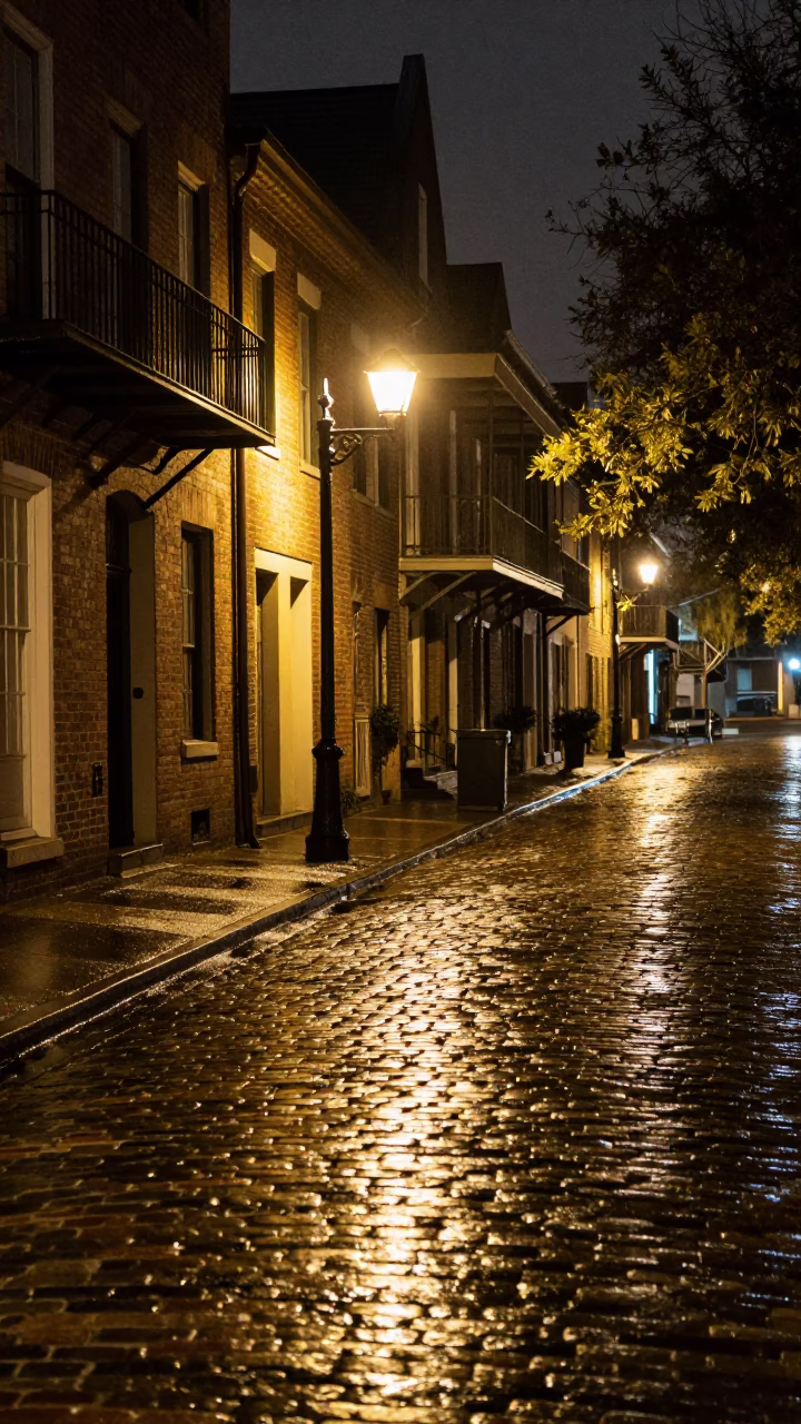 Late Night Charleston Street Scene with Wet Cobblestones and Brick Architecture in in Charleston, South Carolina, United States