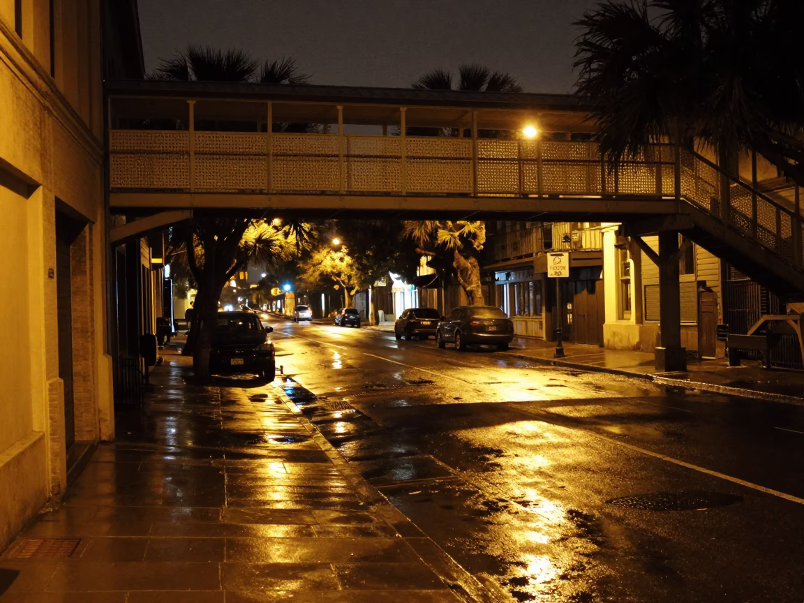 Late Night Charleston Street Scene with Wet Footsteps and Perforated Metal Overpass in in Charleston, South Carolina, United States