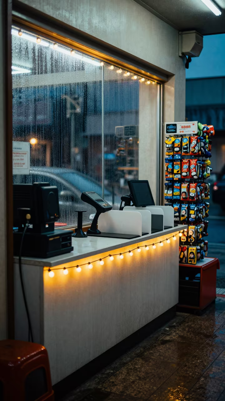 Late Night Checkout Lane Fallujah Monsoon in inside a late-night convenience checkout in Fallujah