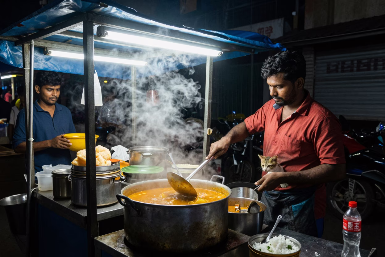 Late Night Chennai Street Food Stall with Cat and Cooking Utensils in in Chennai, India