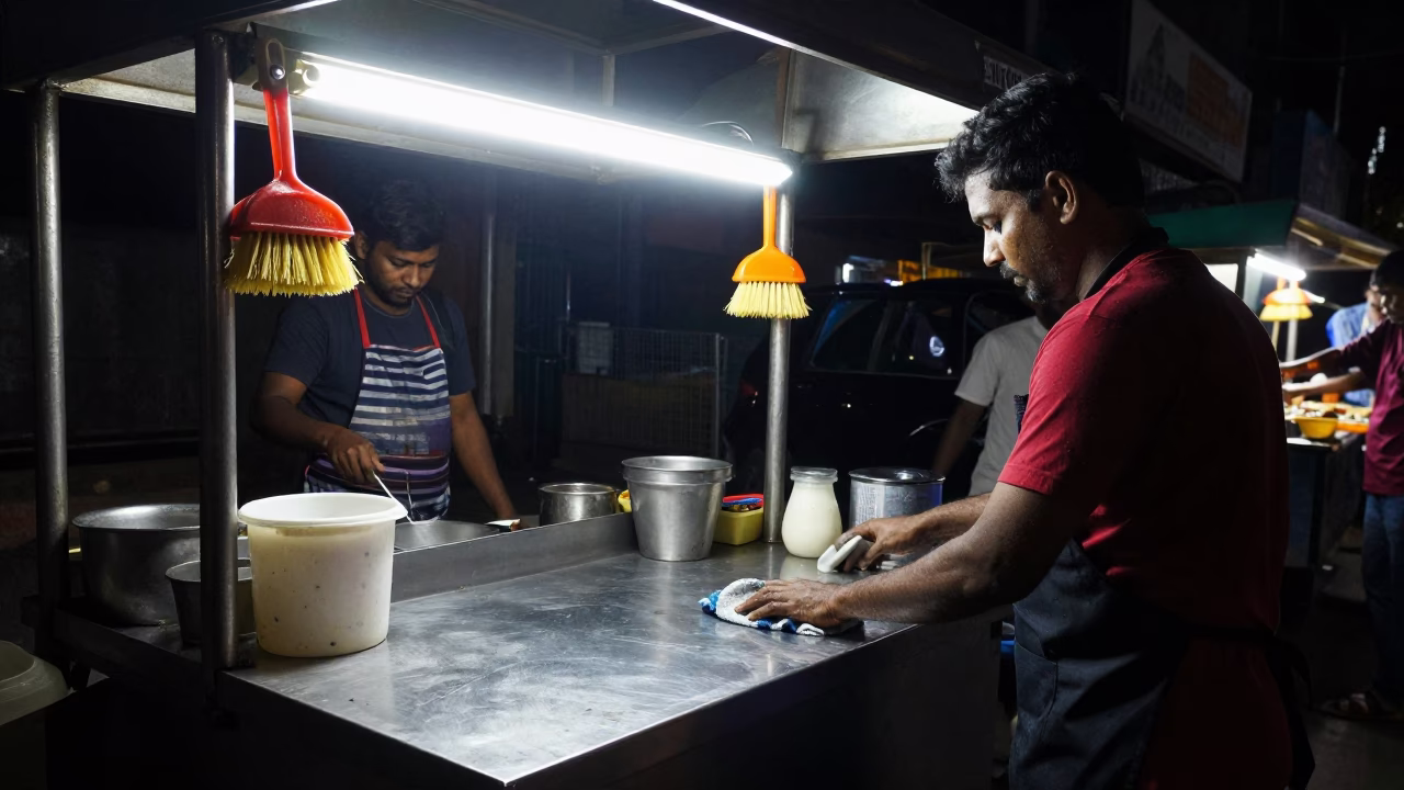 Late Night Chennai Street Food Stall with Dish Brushes and Towels in in Chennai, India