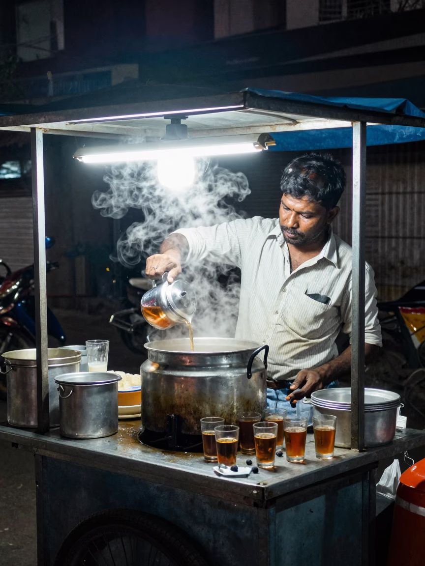 Late Night Chennai Street Food Stall With Glass Tumblers And Grease Sheen in in Chennai, India